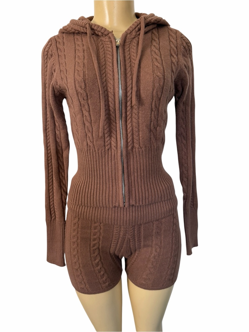 NWT Cable knit shorts hooded zip sweater 2 piece set outfit brown medium